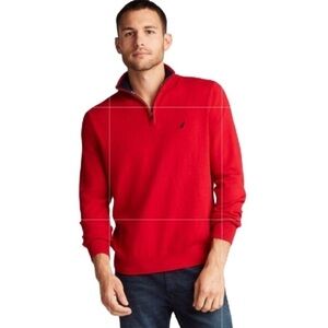 Nautica Red Navy Quarter Zip Pullover M Mock Neck Cotton Blend Layering Knit